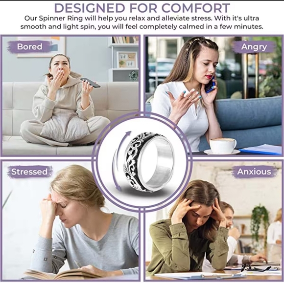 Anxiety Spinner Band Ring in Sterling Silver, Anxiety Ring for Women, - Picture 6 of 8